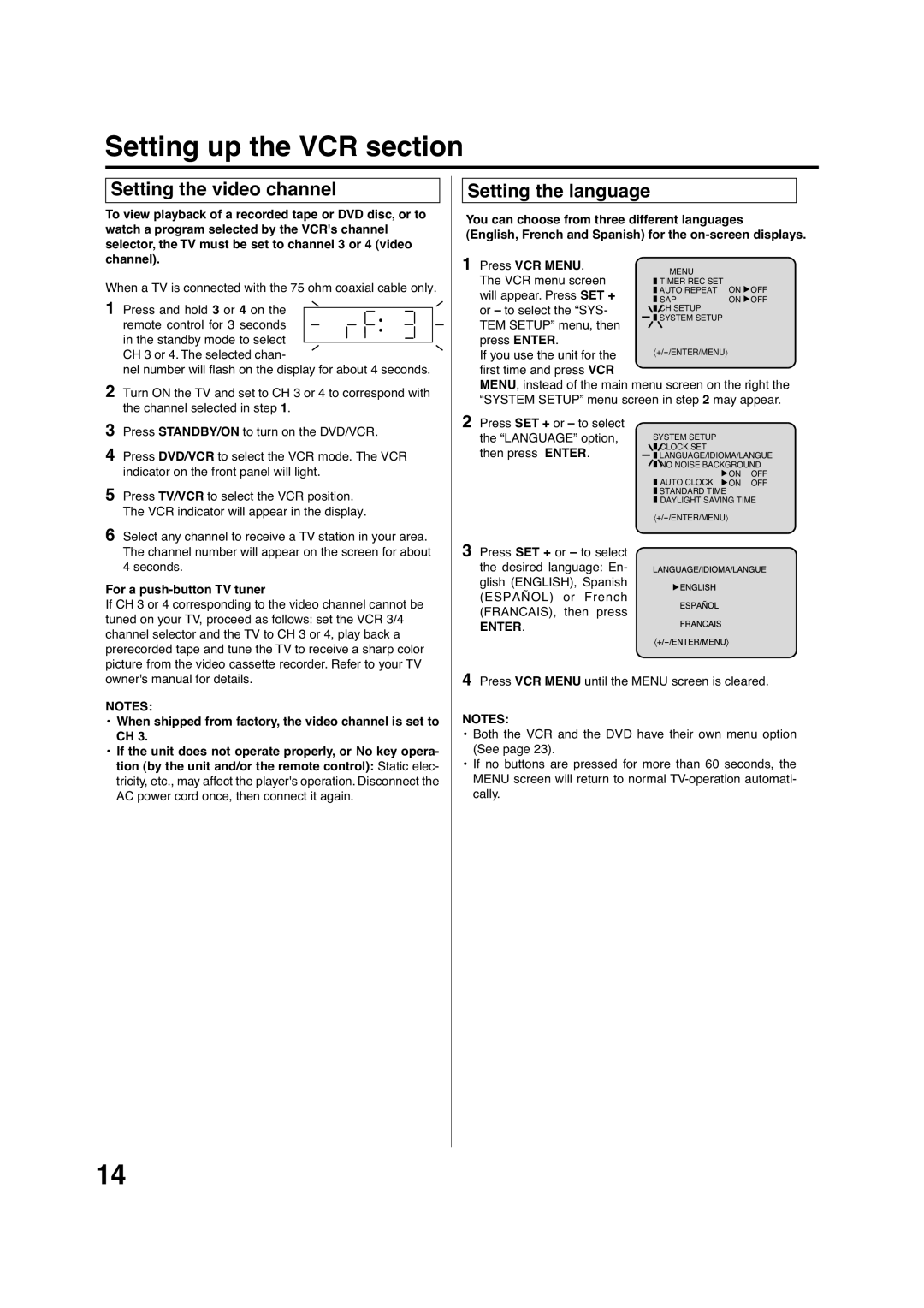 Pioneer DV-PT100 operating instructions Setting up the VCR section, Setting the video channel, Setting the language, Enter 