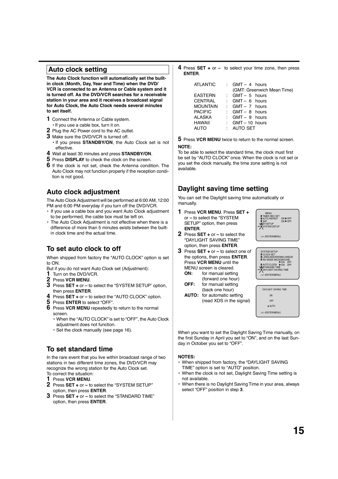 Pioneer DV-PT100 Auto clock setting, Auto clock adjustment, Daylight saving time setting, To set auto clock to off 