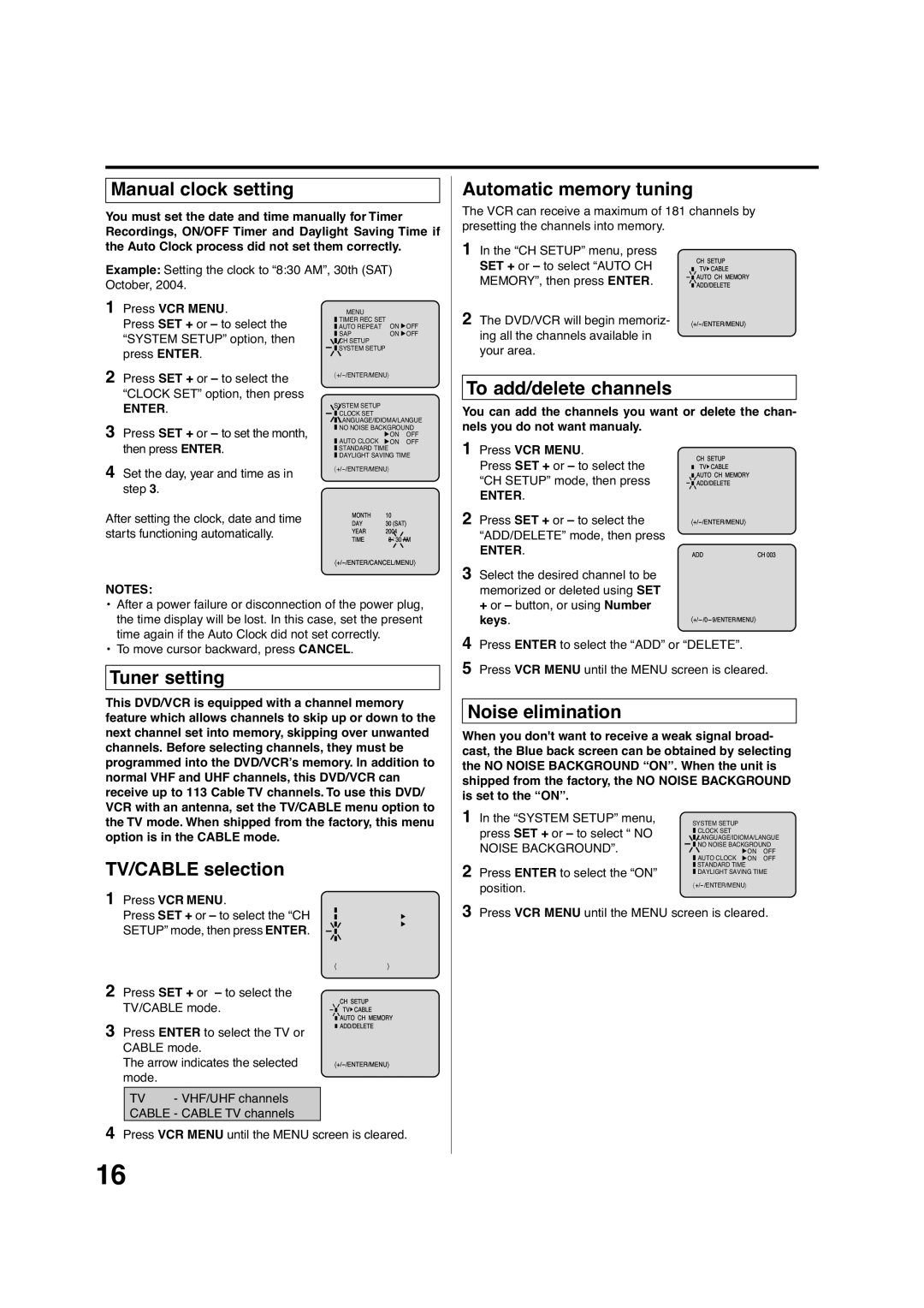 Pioneer DV-PT100 operating instructions Manual clock setting, Tuner setting, TV/CABLE selection, Noise elimination 