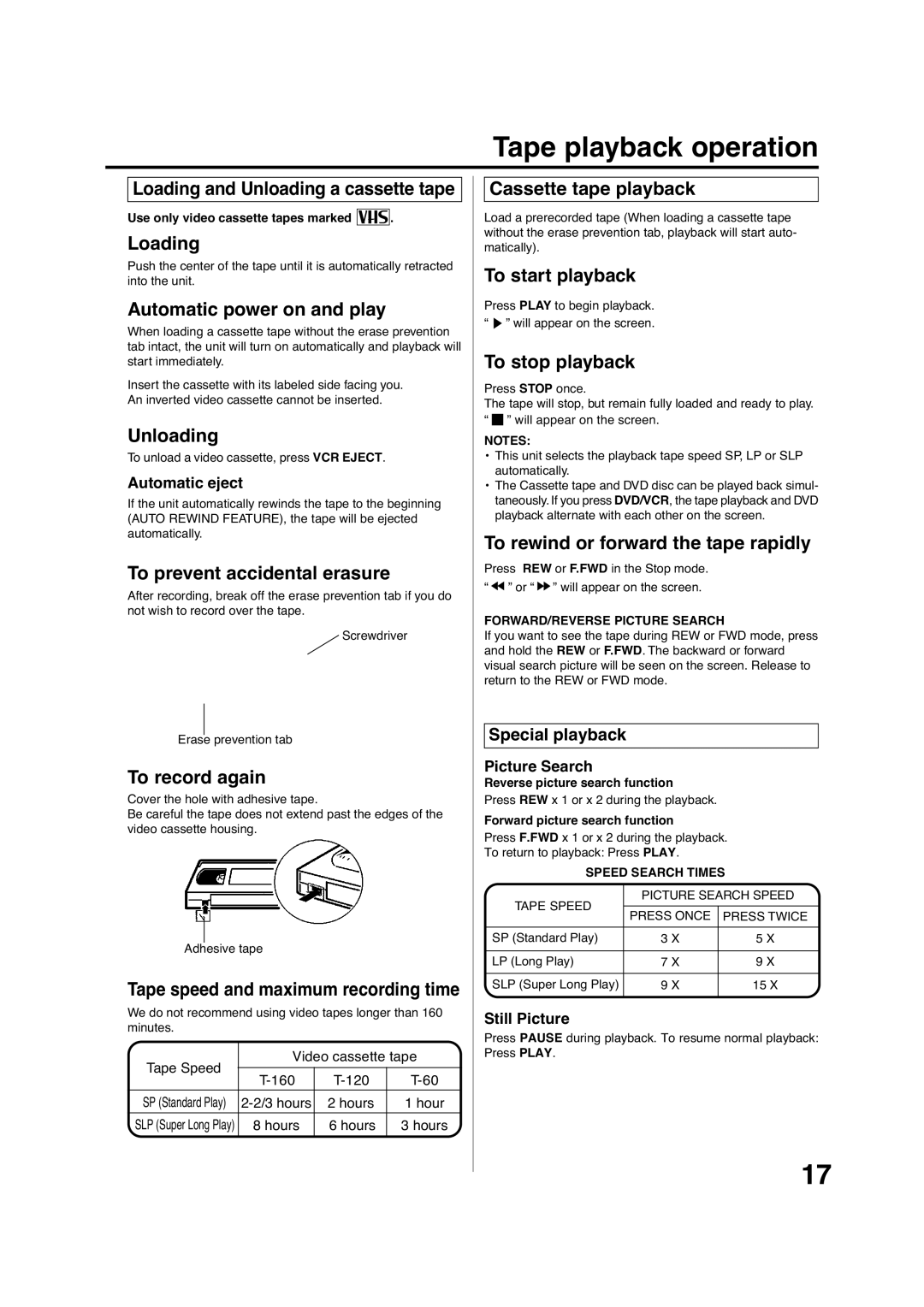 Pioneer DV-PT100 operating instructions Tape playback operation 