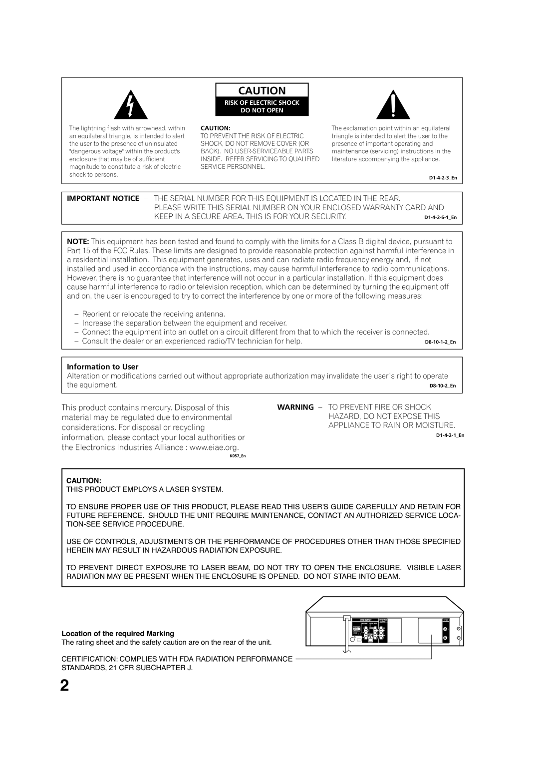 Pioneer DV-PT100 operating instructions Location of the required Marking, Risk of Electric Shock Do not Open 