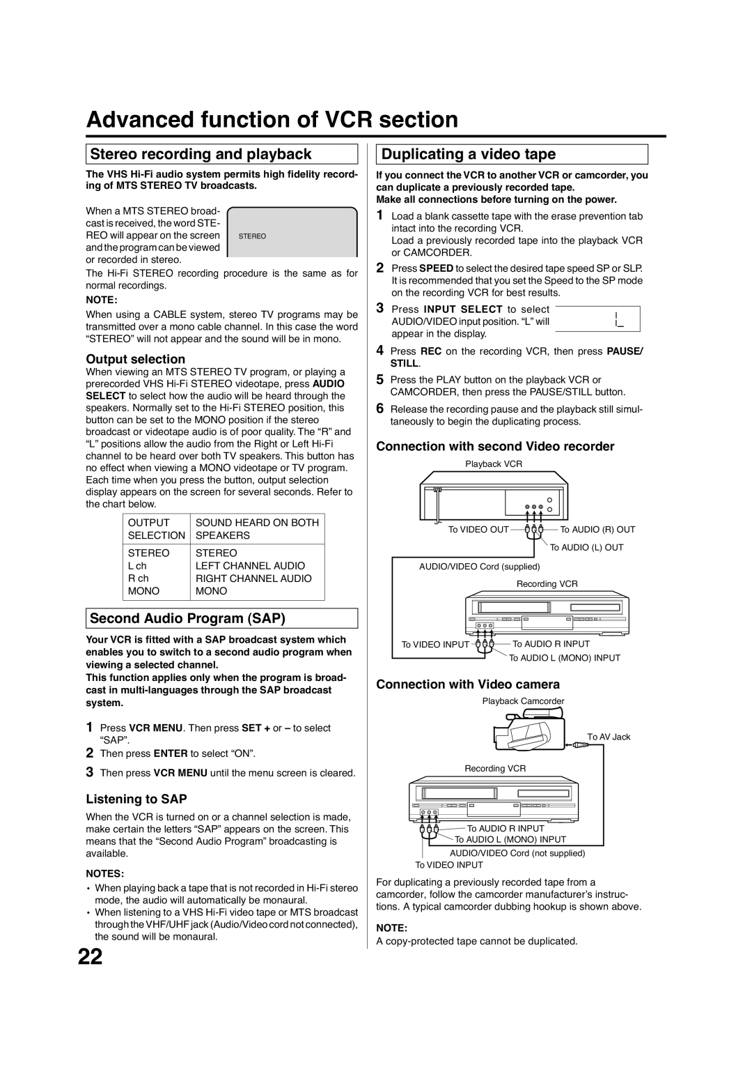 Pioneer DV-PT100 Advanced function of VCR section, Stereo recording and playback, Duplicating a video tape 