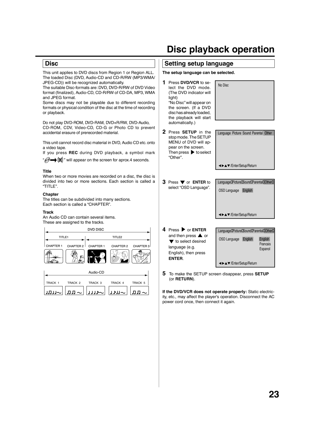 Pioneer DV-PT100 operating instructions Disc playback operation, Setting setup language 