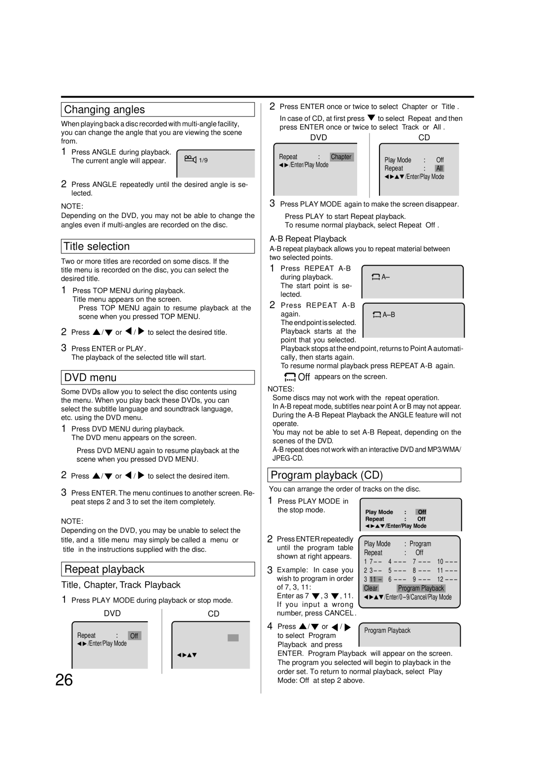 Pioneer DV-PT100 operating instructions Changing angles, Title selection, DVD menu, Program playback CD, Repeat playback 