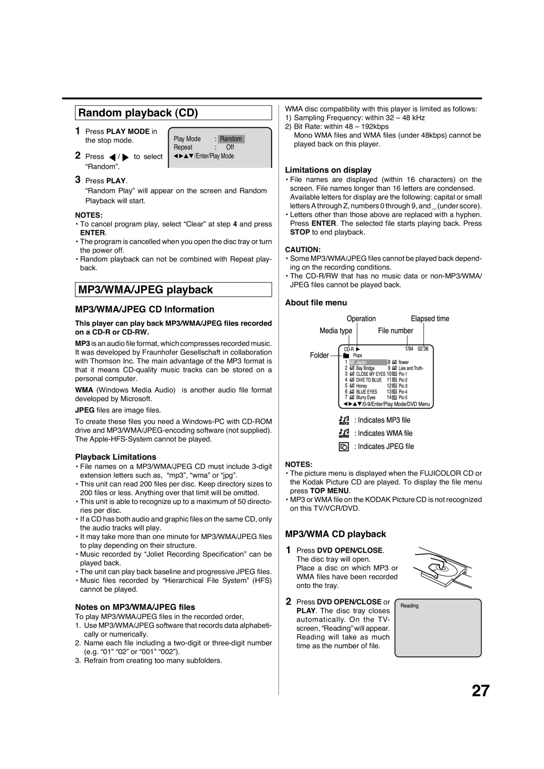 Pioneer DV-PT100 Random playback CD, MP3/WMA/JPEG playback, MP3/WMA/JPEG CD Information, MP3/WMA CD playback 