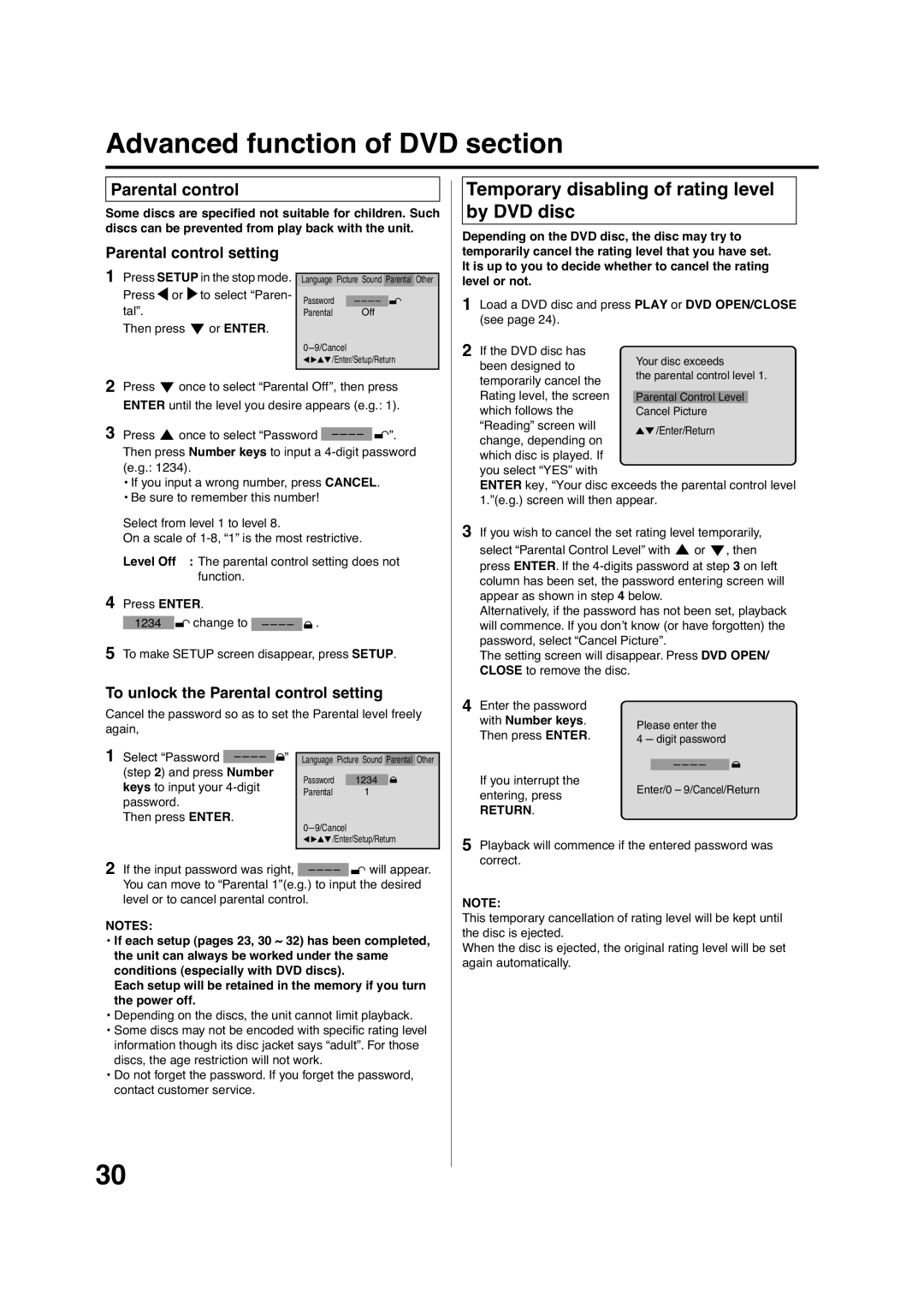 Pioneer DV-PT100 Advanced function of DVD section, Temporary disabling of rating level by DVD disc, Parental control 