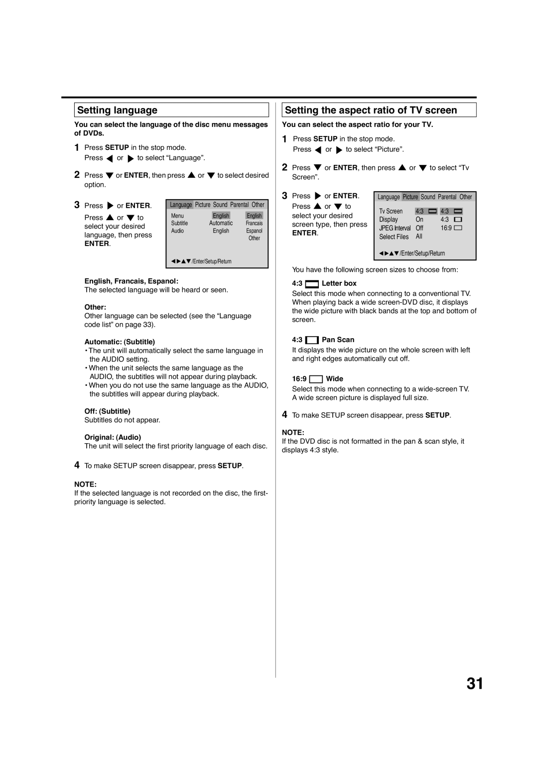 Pioneer DV-PT100 operating instructions Setting language, Setting the aspect ratio of TV screen 