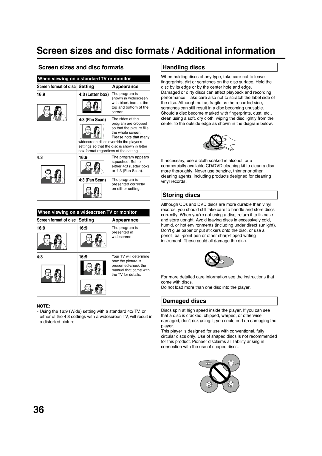 Pioneer DV-PT100 Screen sizes and disc formats / Additional information, Handling discs, Storing discs, Damaged discs 