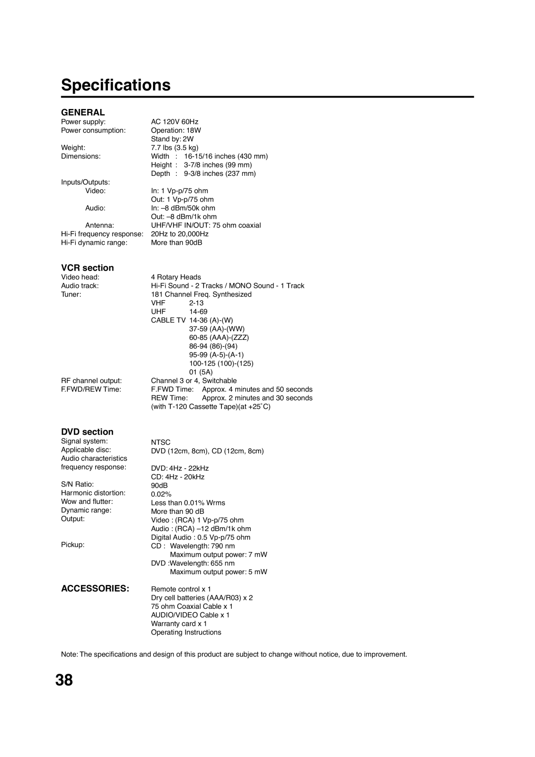 Pioneer DV-PT100 operating instructions Specifications 