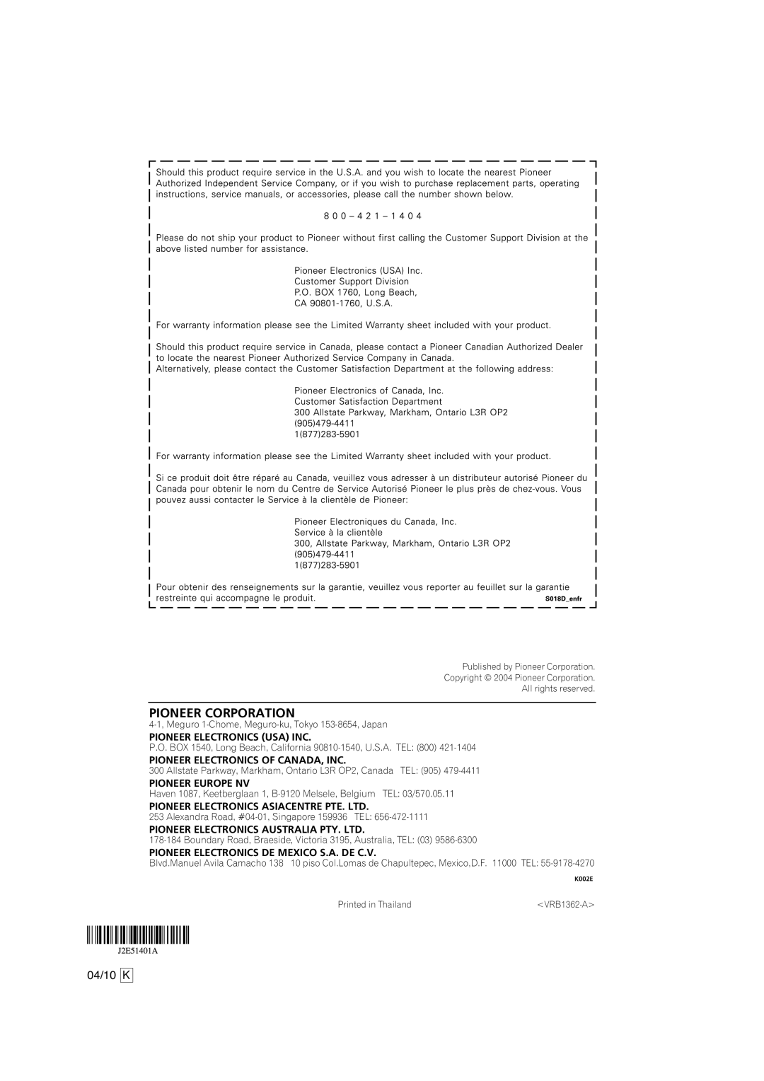 Pioneer DV-PT100 operating instructions Pioneer Corporation 