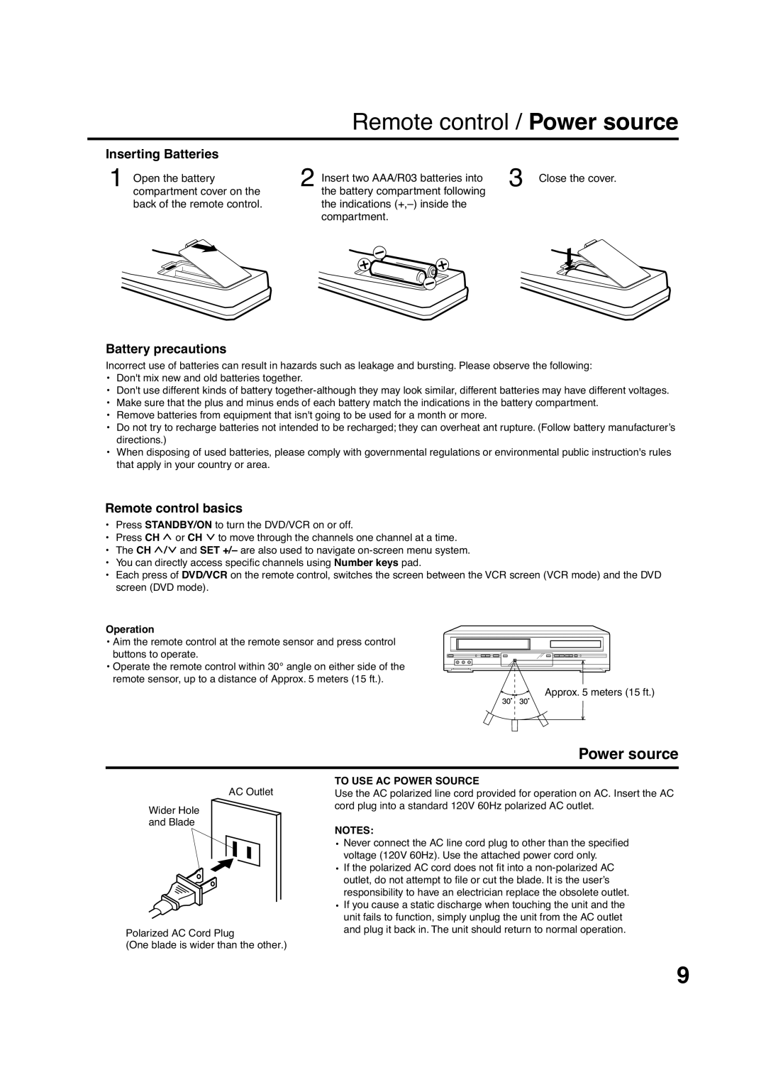 Pioneer DV-PT100 Power source, Inserting Batteries, Battery precautions, Remote control basics, To USE AC Power Source 