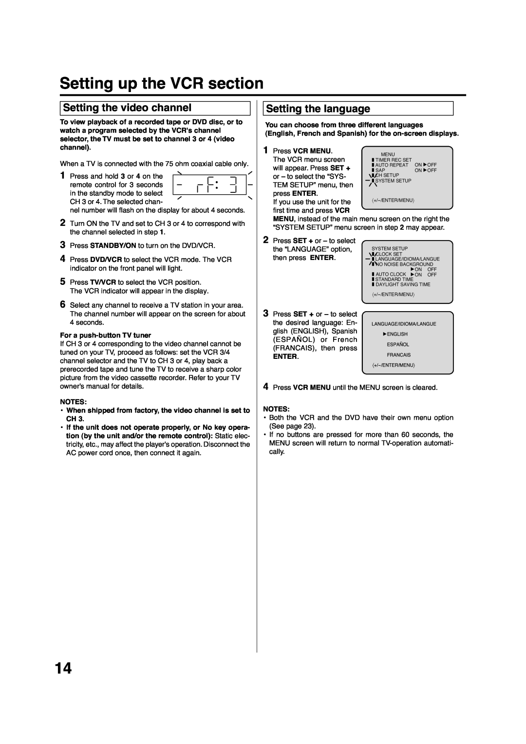 Pioneer DV-PT100 Setting up the VCR section, You can choose from three different languages, Press VCR MENU, Enter 