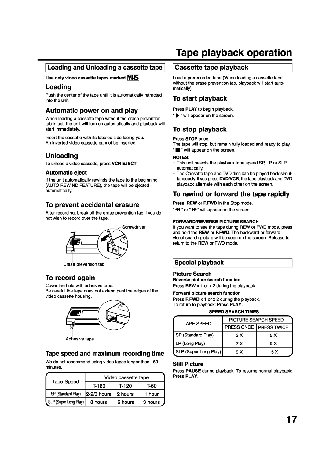 Pioneer DV-PT100 operating instructions Tape playback operation 