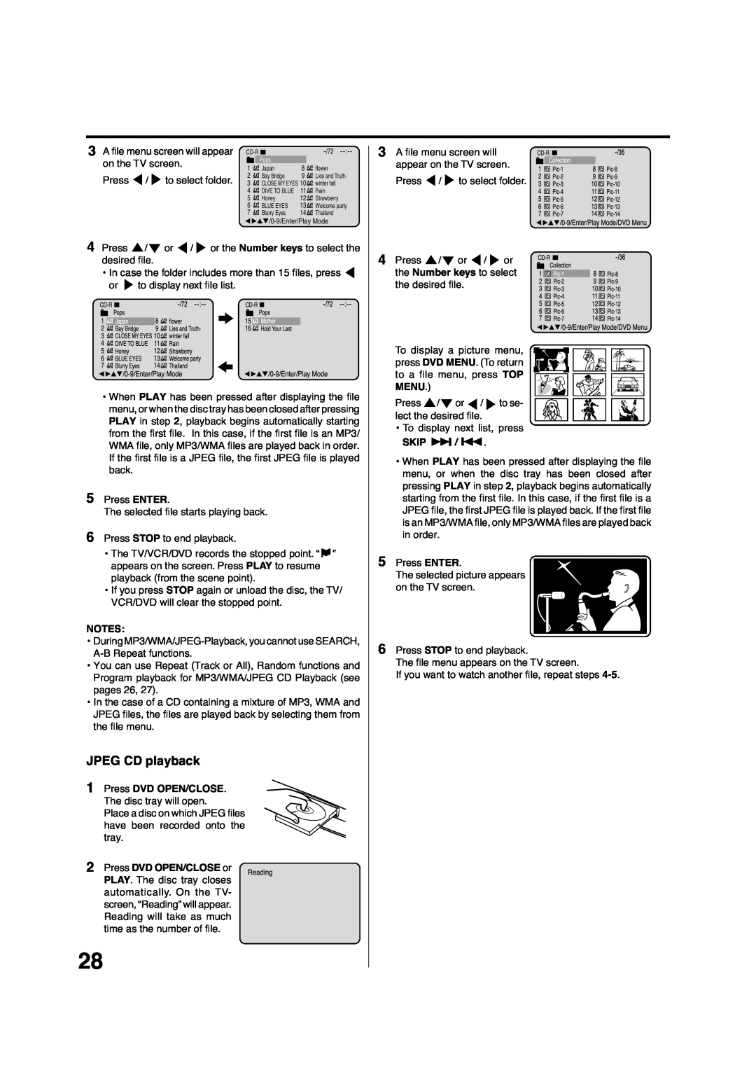 Pioneer DV-PT100 JPEG CD playback, Press DVD OPEN/CLOSE. The disc tray will open, Skip, A file menu screen will appear 