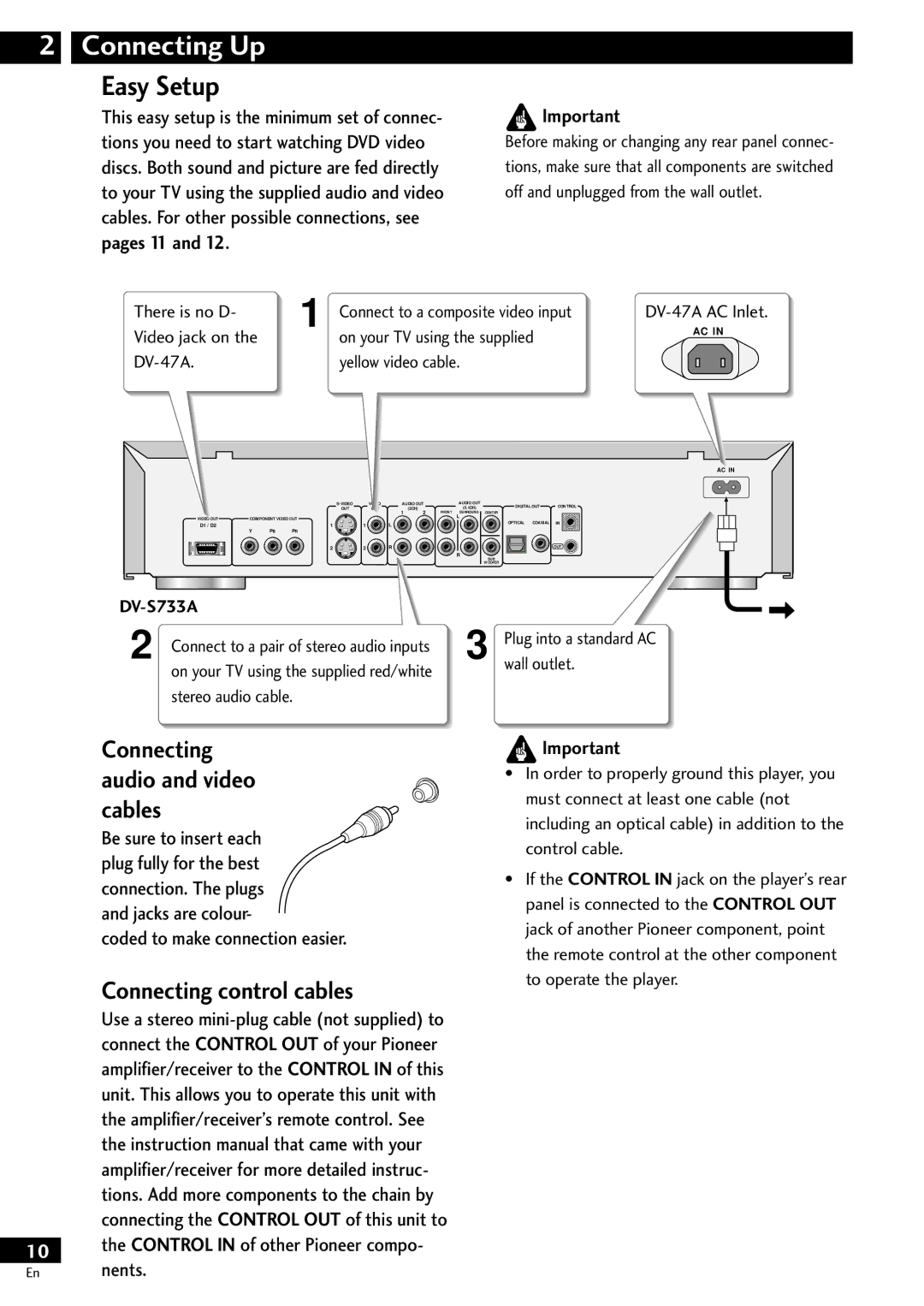 Pioneer DV-S733A Connecting Up, Easy Setup, Connecting audio and video cables, Connecting control cables, Pages 11 