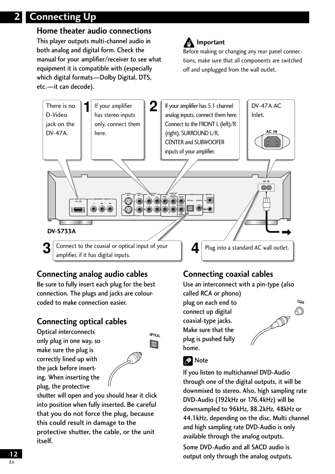 Pioneer DV-S733A Home theater audio connections, Connecting analog audio cables, Connecting optical cables 