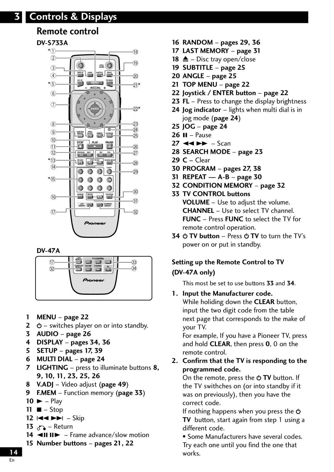 Pioneer DV-S733A operating instructions Remote control 