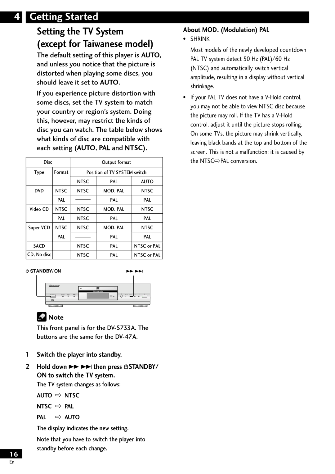 Pioneer DV-S733A operating instructions Getting Started, About MOD. Modulation PAL, TV system changes as follows 