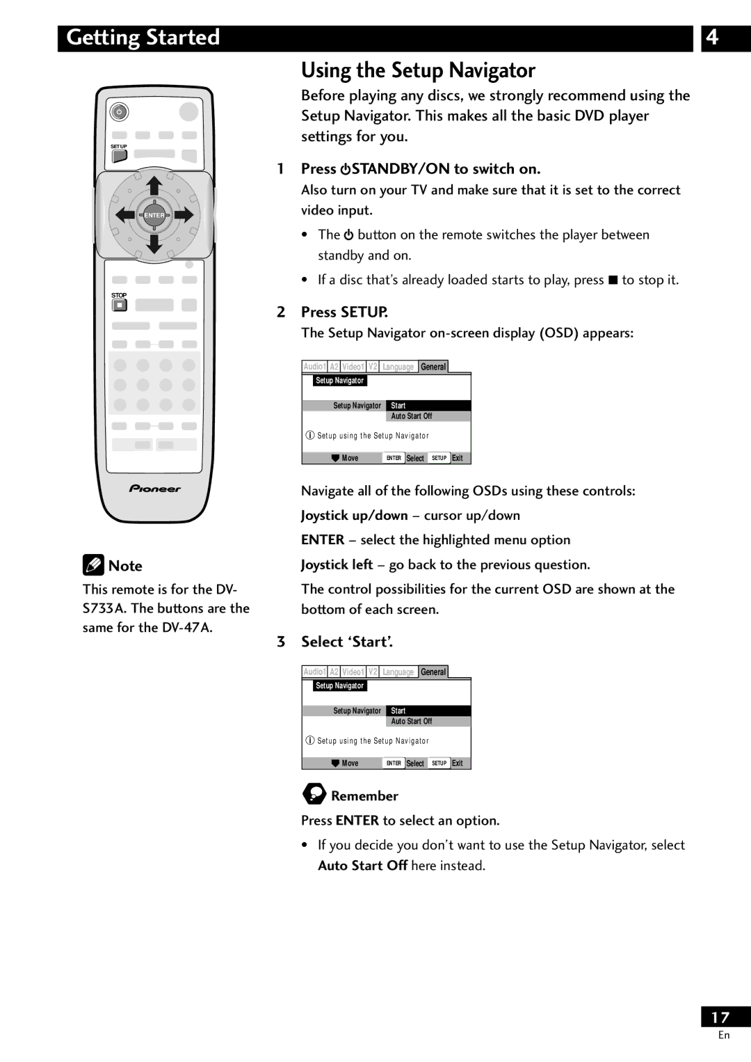 Pioneer DV-S733A Using the Setup Navigator, Press STANDBY/ON to switch on, Press Setup, Select ‘Start’ 