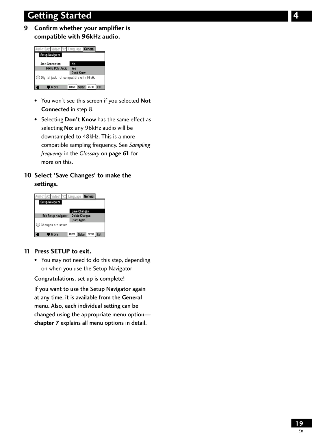 Pioneer DV-S733A Select ‘Save Changes’ to make, Press Setup to exit, Settings, Congratulations, set up is complete 