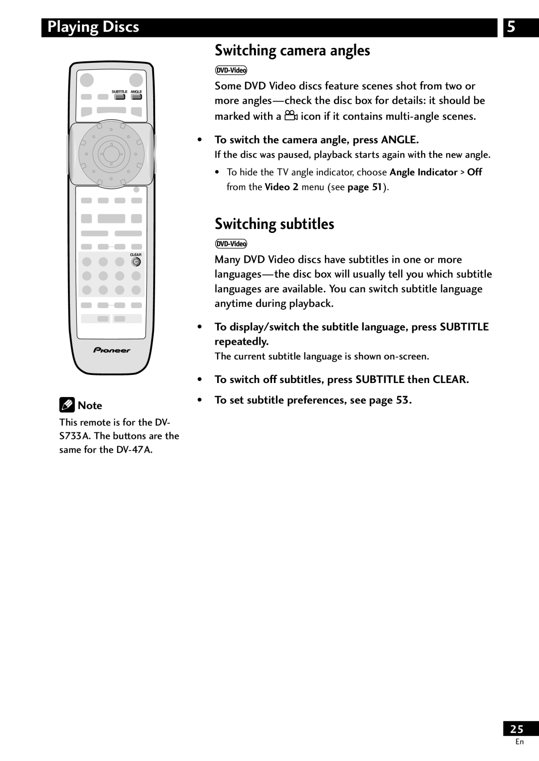 Pioneer DV-S733A Switching camera angles, Switching subtitles, To switch the camera angle, press Angle 