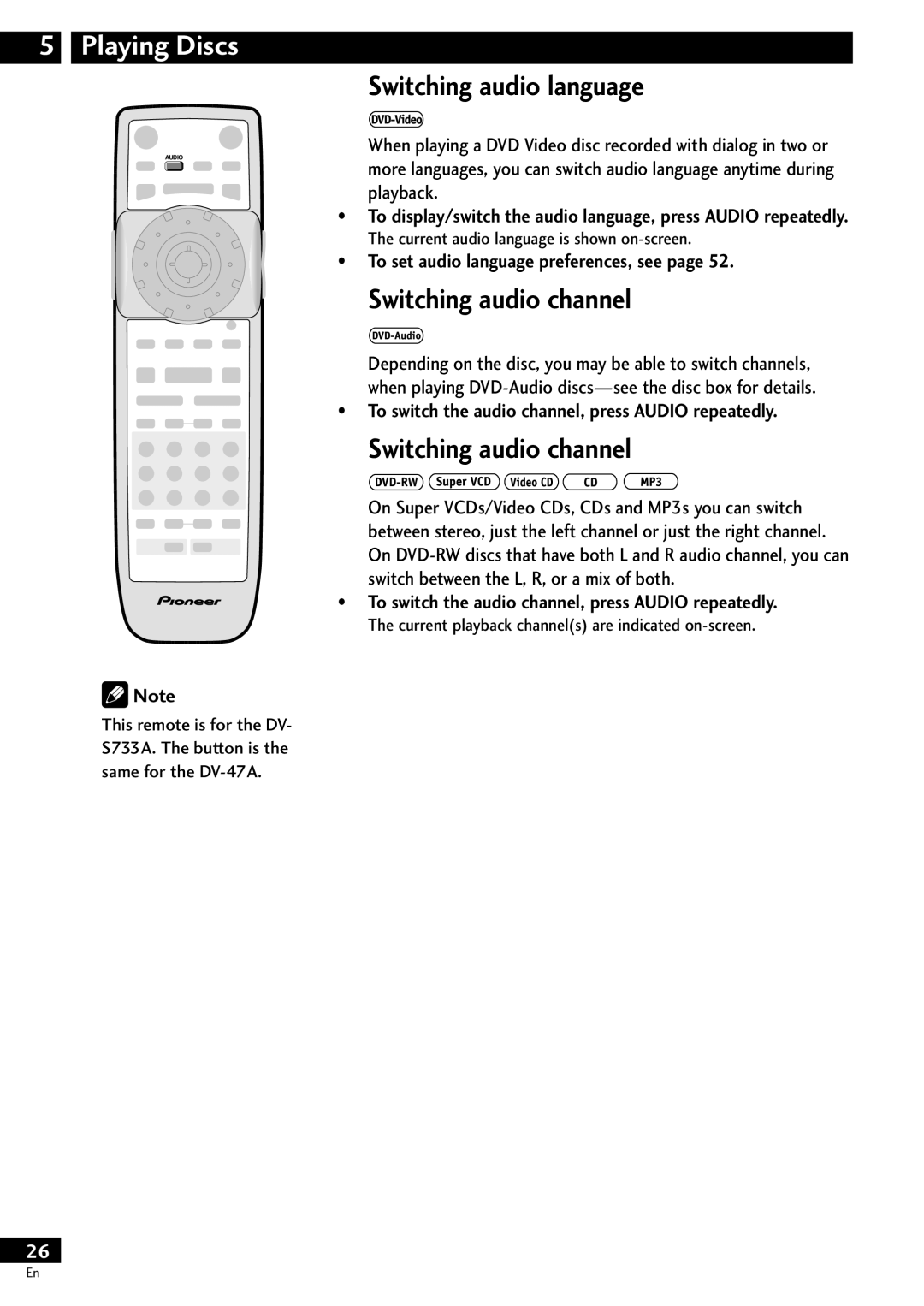 Pioneer DV-S733A Switching audio language, Switching audio channel, To set audio language preferences, see 