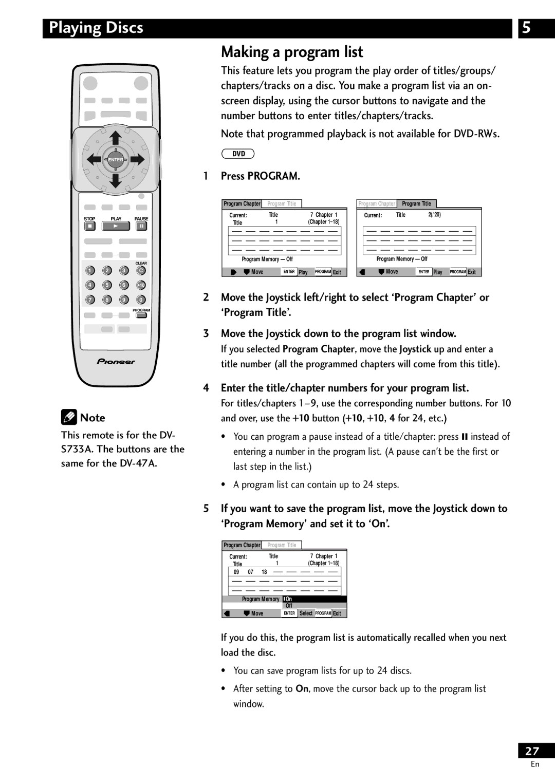 Pioneer DV-S733A Making a program list, Press Program, Enter the title/chapter numbers for your program list 