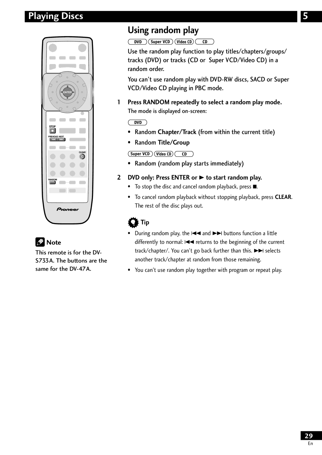 Pioneer DV-S733A Using random play, Press Random repeatedly to select a random play mode, Random Title/Group, Tip 