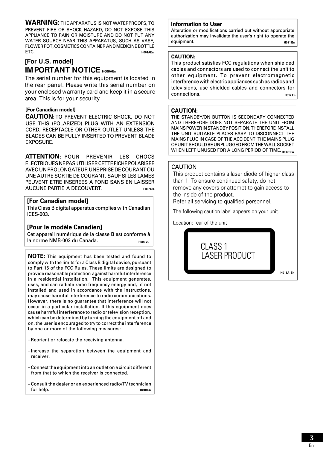 Pioneer DV-S733A operating instructions Important Notice H006AEn, For U.S. model 