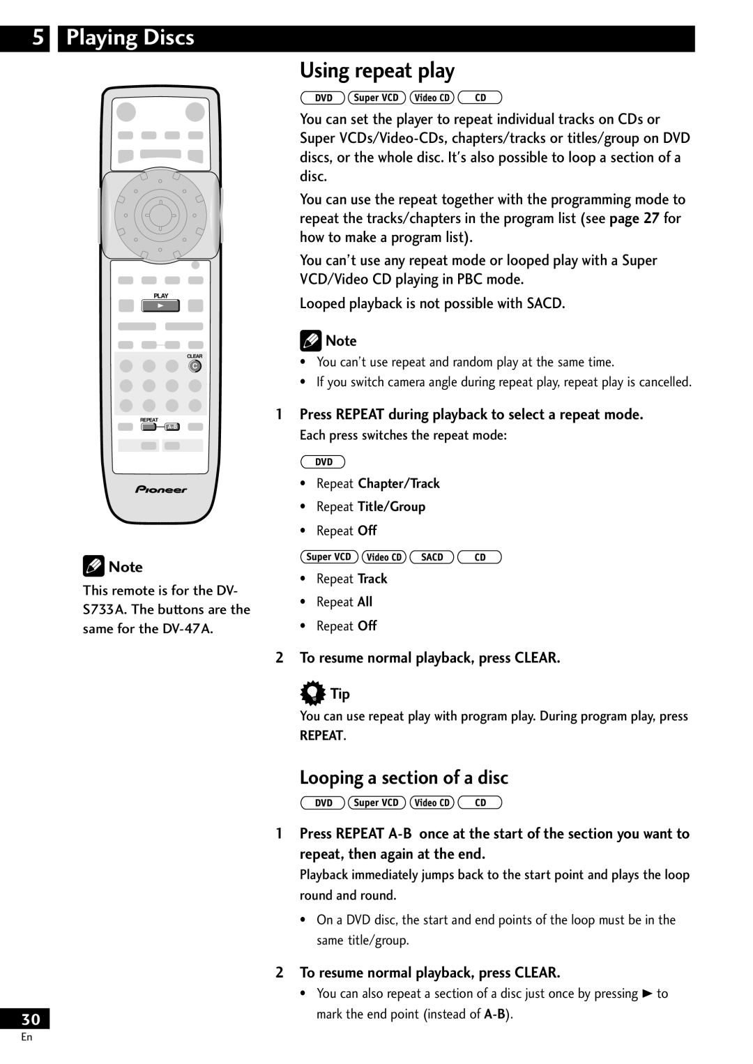 Pioneer DV-S733A Using repeat play, Looping a section of a disc, Press Repeat during playback to select a repeat mode 