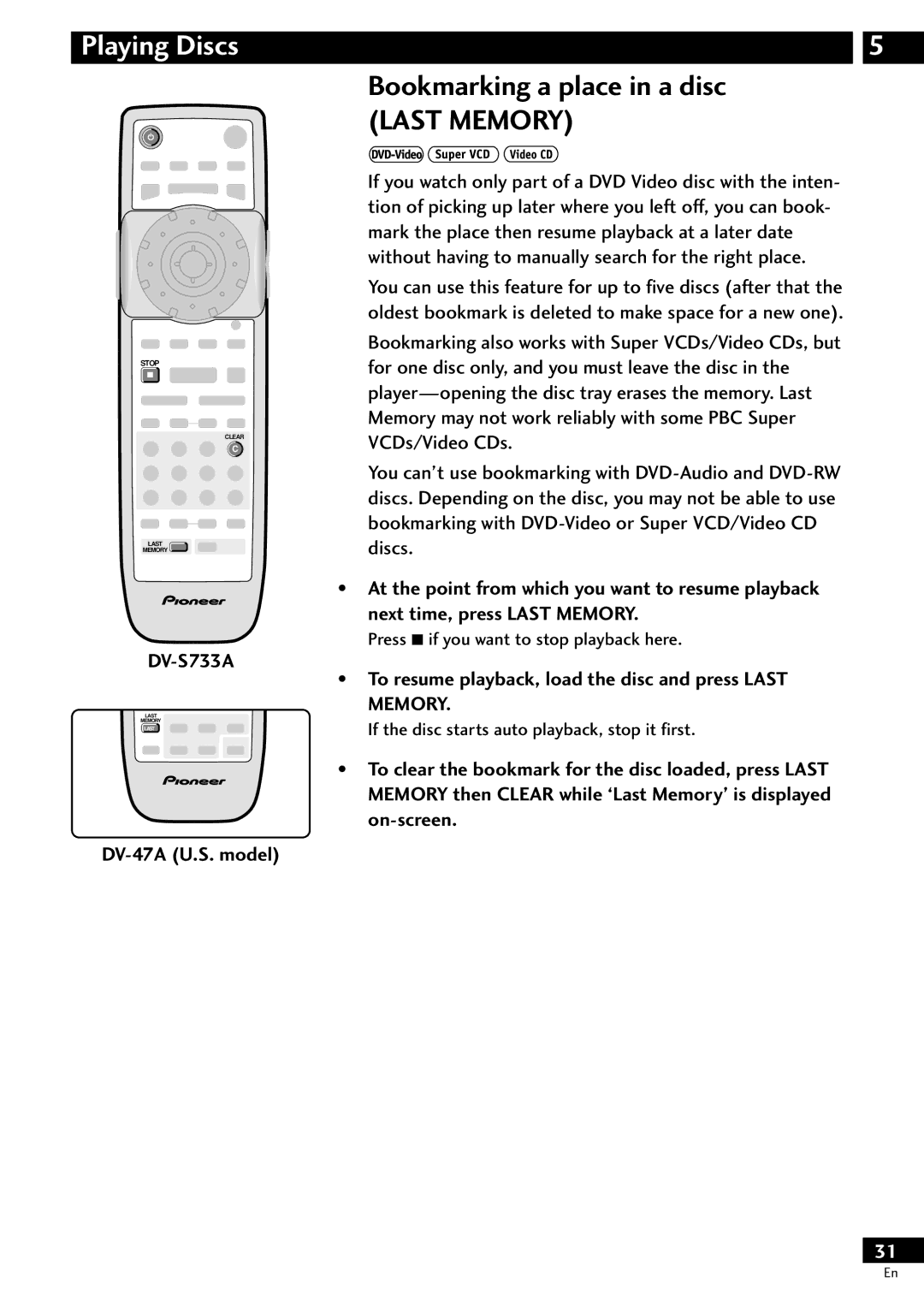 Pioneer DV-S733A Bookmarking a place in a disc, DV-47A U.S. model, To resume playback, load the disc and press Last Memory 