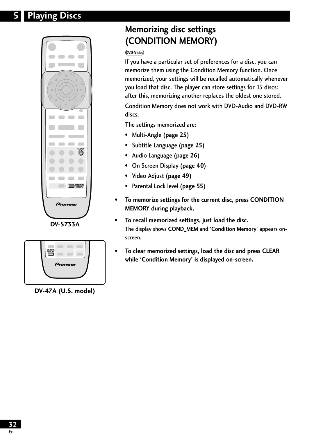 Pioneer DV-S733A operating instructions Memorizing disc settings, Condition Memory 