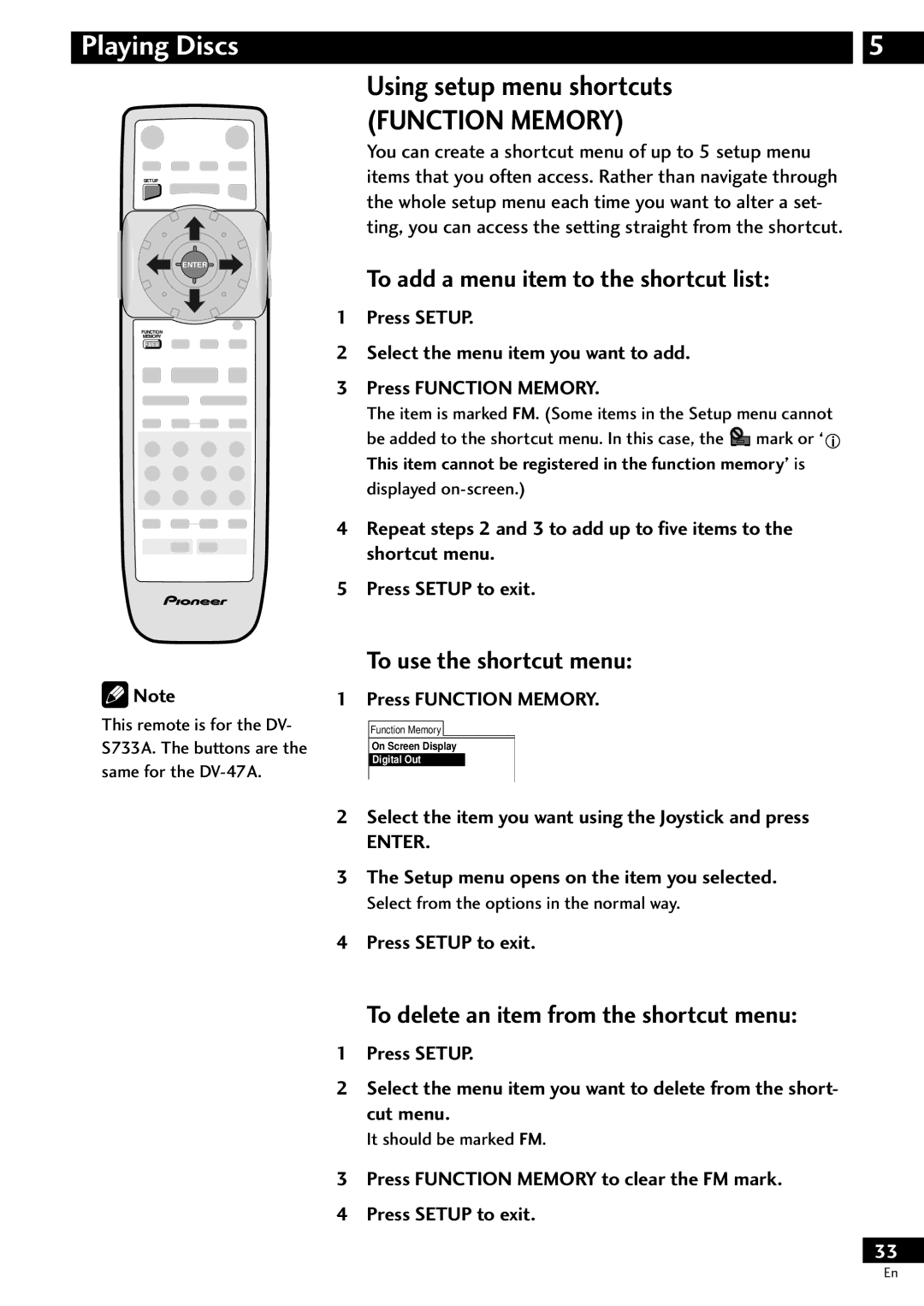 Pioneer DV-S733A Using setup menu shortcuts, To add a menu item to the shortcut list, To use the shortcut menu 