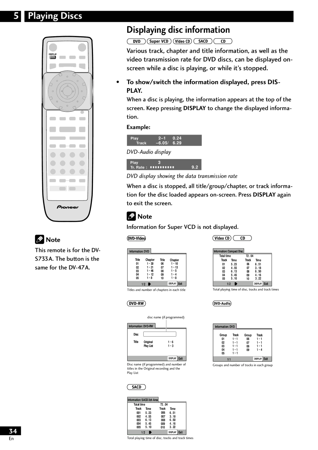 Pioneer DV-S733A Displaying disc information, To show/switch the information displayed, press DIS- Play, Example 