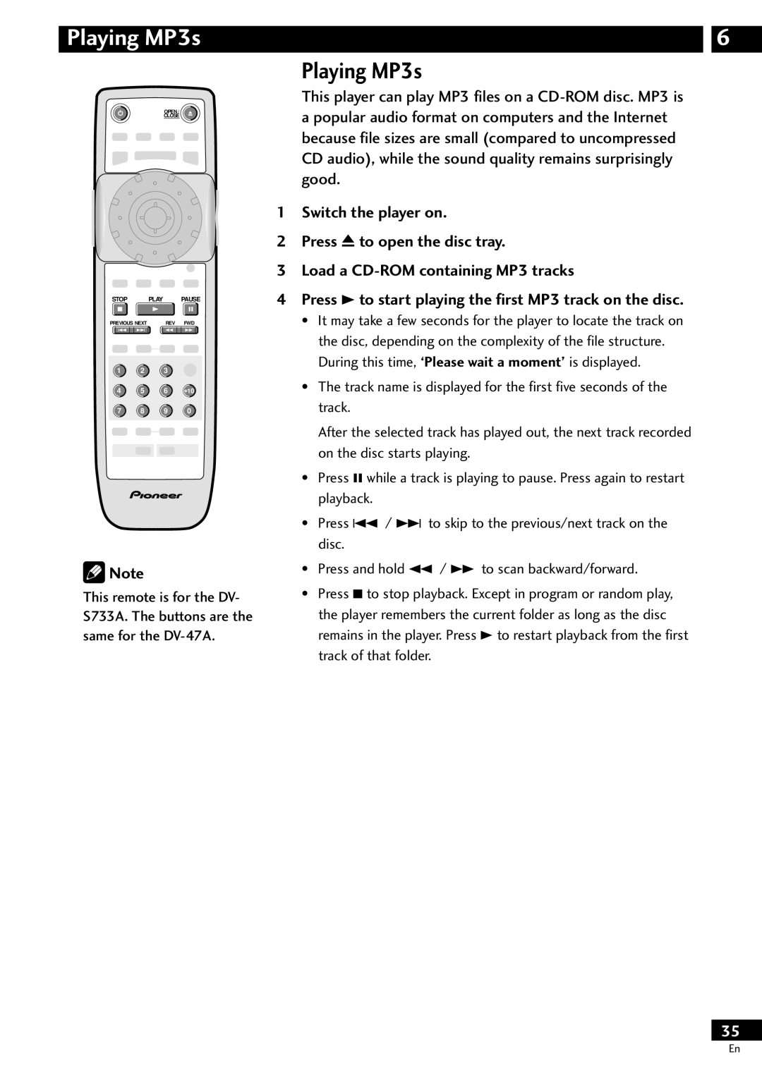 Pioneer DV-S733A operating instructions Playing MP3s, Press 3 to start playing the first MP3 track on the disc 