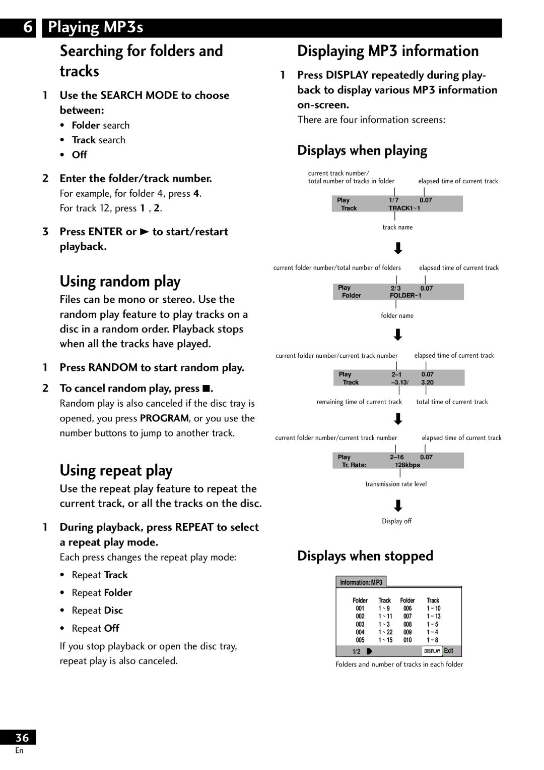 Pioneer DV-S733A operating instructions Searching for folders and tracks, Displaying MP3 information, Displays when playing 