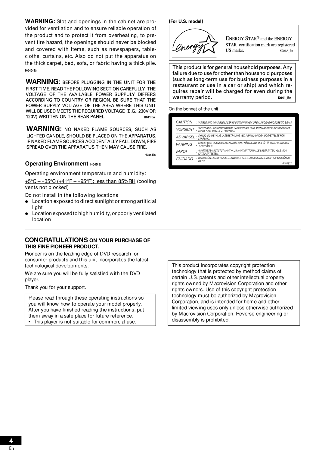 Pioneer DV-S733A operating instructions Operating Environment H045 En 