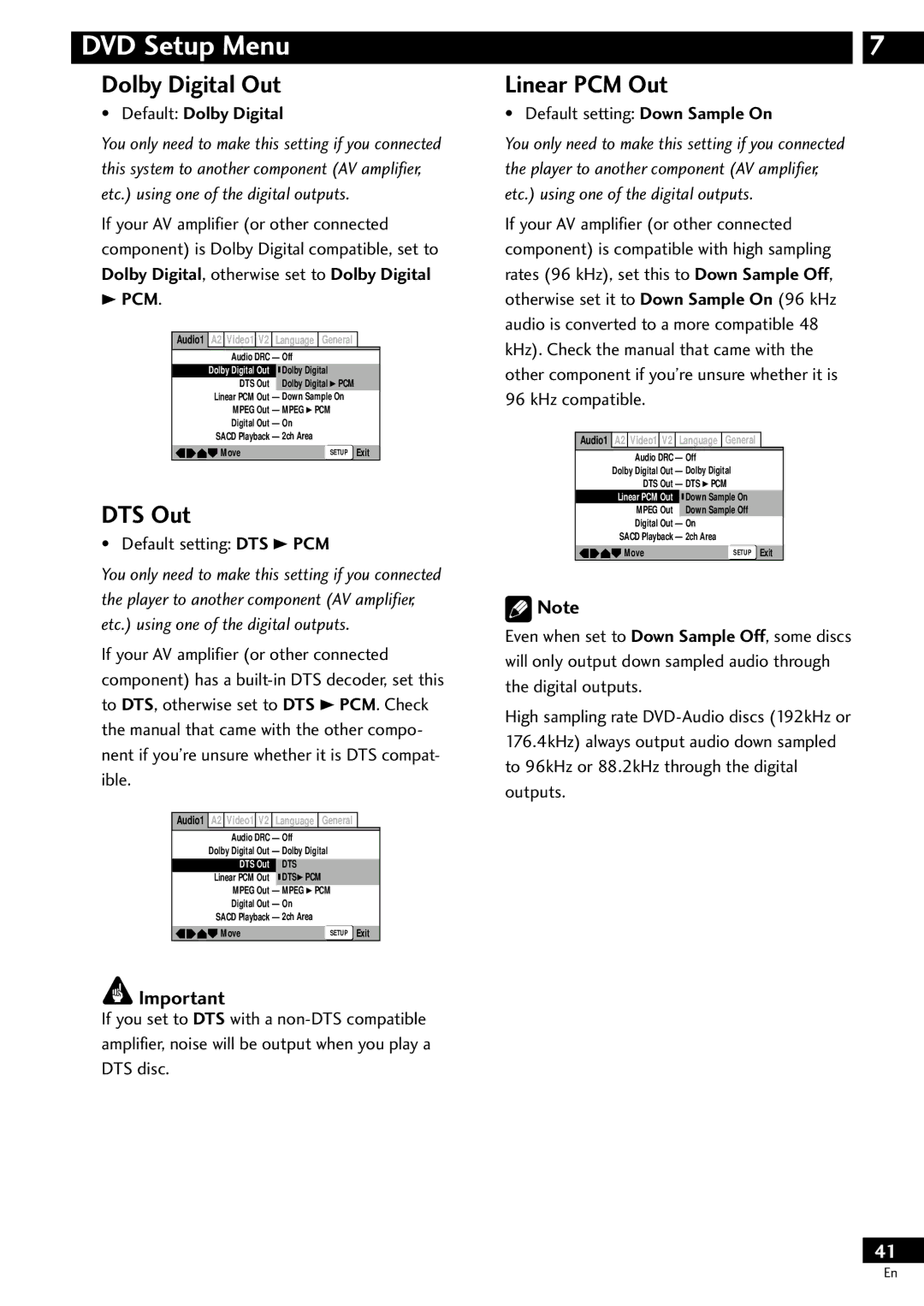 Pioneer DV-S733A operating instructions Dolby Digital Out, DTS Out, Linear PCM Out, Default Dolby Digital, Pcm 