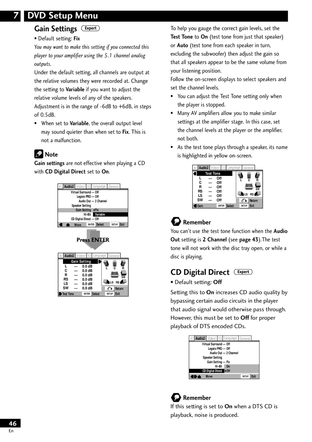 Pioneer DV-S733A operating instructions Gain Settings, CD Digital Direct, Default setting Fix 