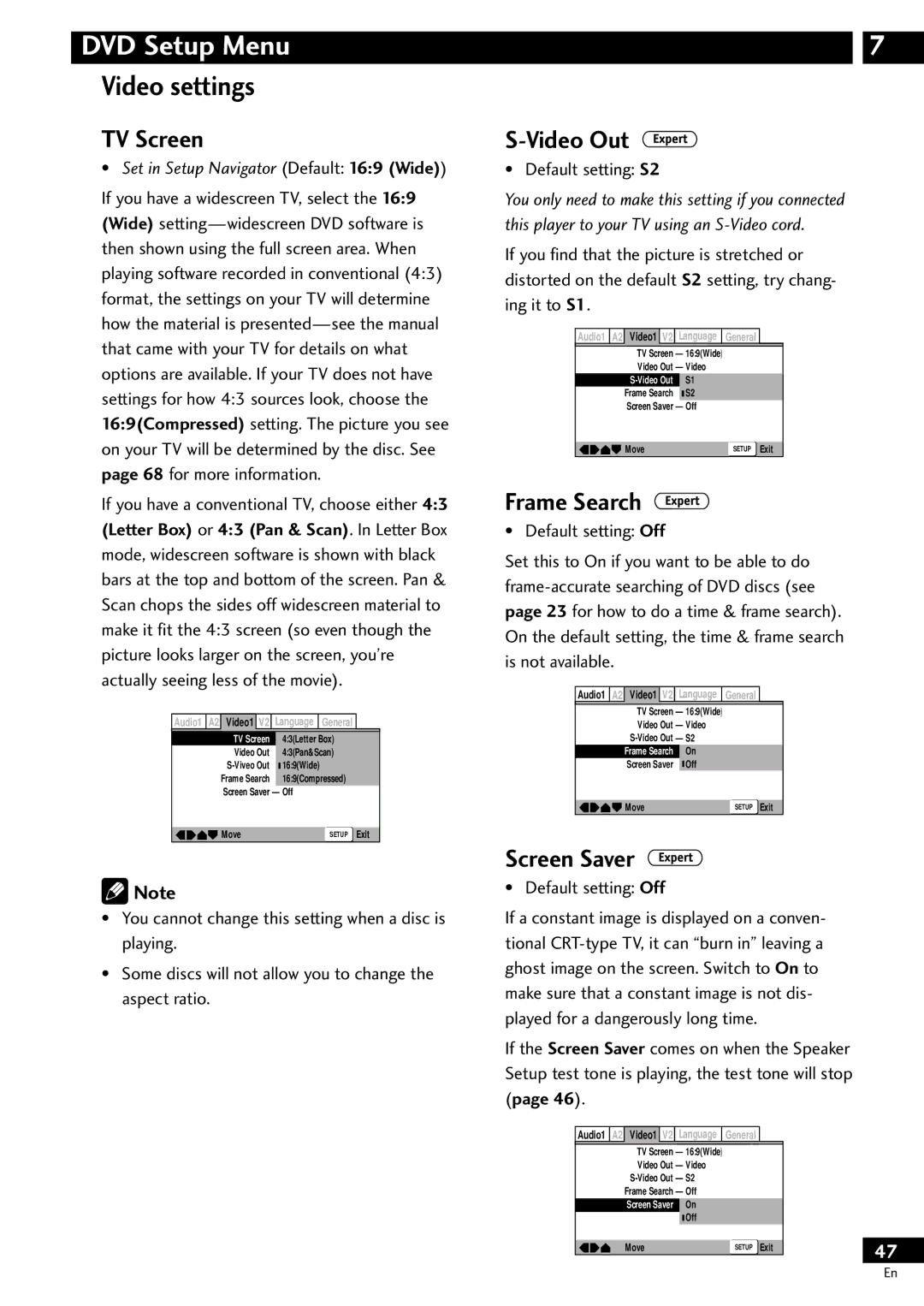 Pioneer DV-S733A operating instructions Video settings, TV Screen, Video Out, Frame Search, Screen Saver 