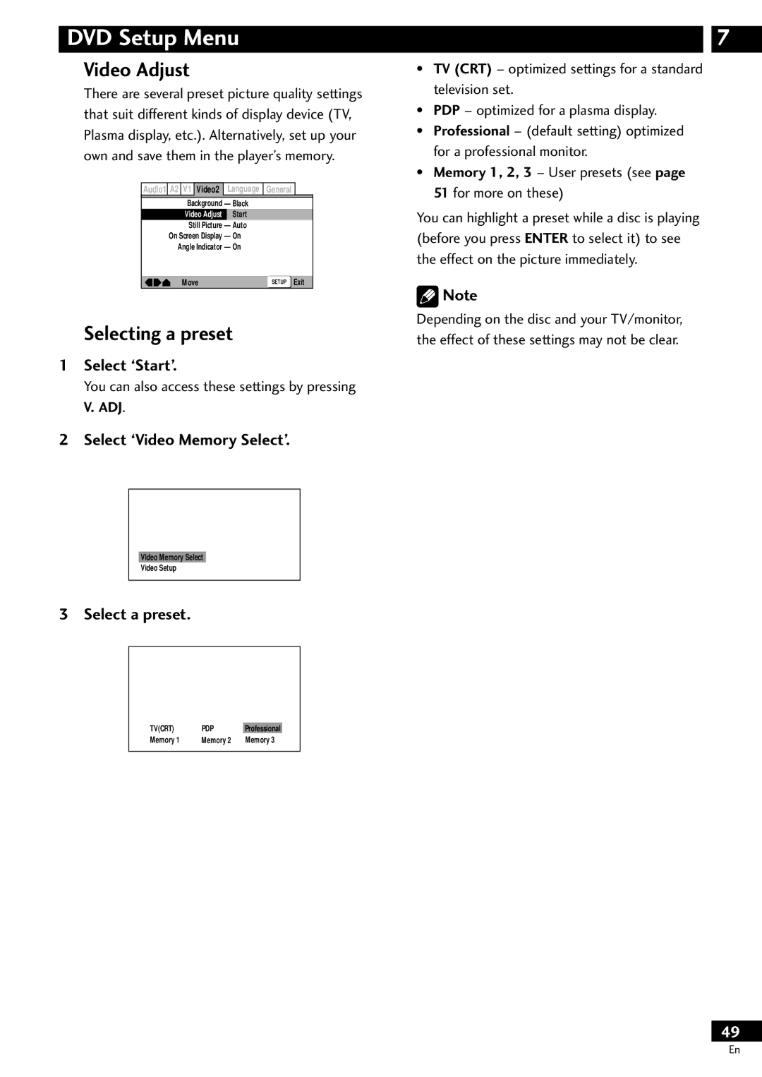 Pioneer DV-S733A operating instructions Selecting a preset, Select ‘Video Memory Select’, Select a preset 