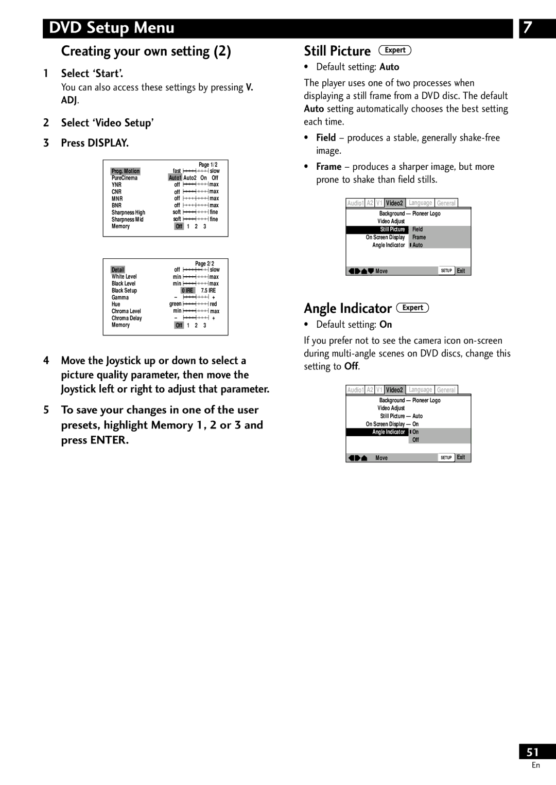 Pioneer DV-S733A operating instructions Still Picture, Angle Indicator, Select ‘Video Setup’ Press Display 