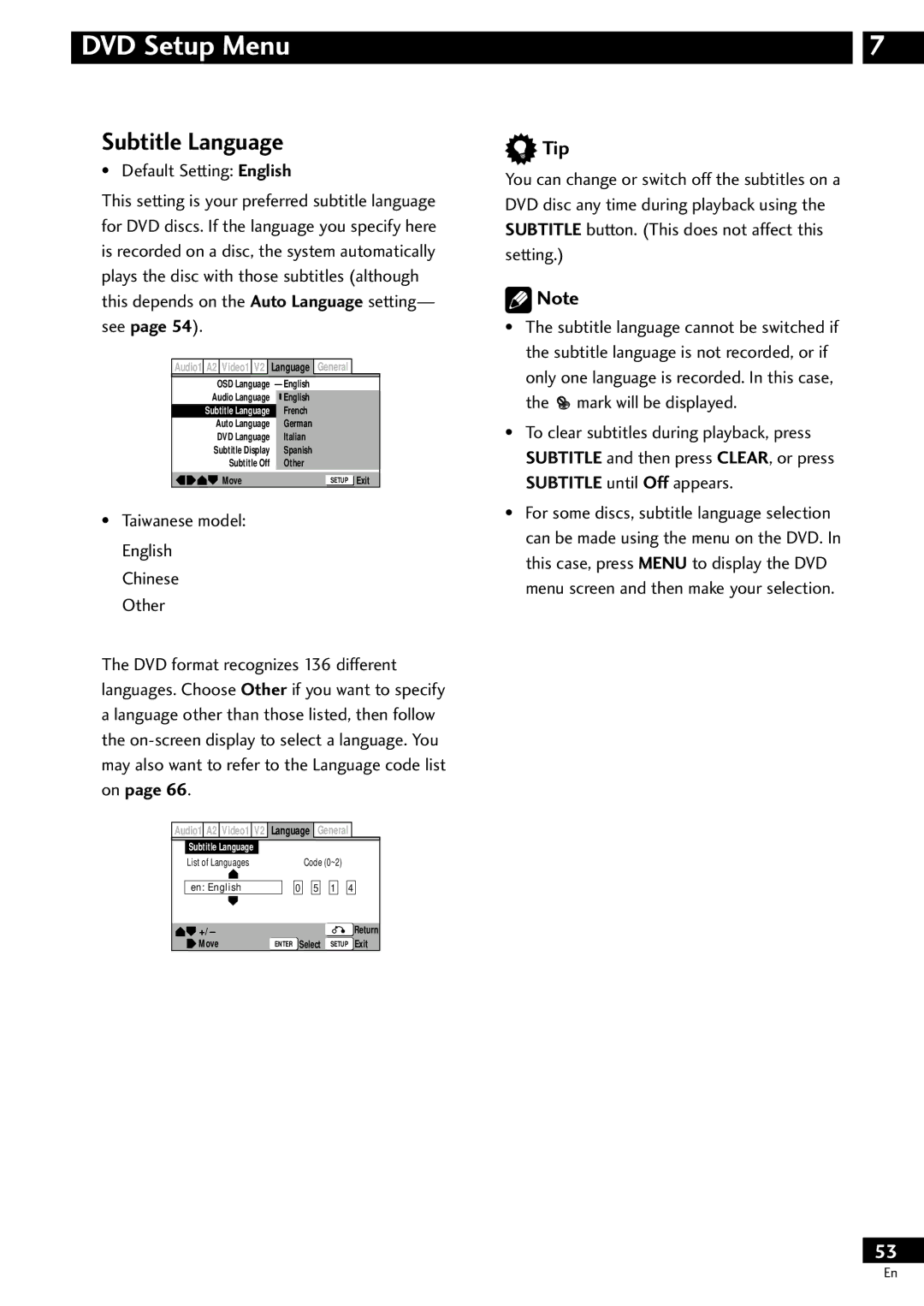 Pioneer DV-S733A operating instructions Subtitle Language, Default Setting English 