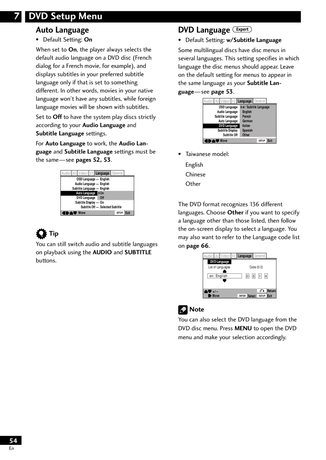 Pioneer DV-S733A Auto Language, DVD Language, Subtitle Language settings, Default Setting w/Subtitle Language 