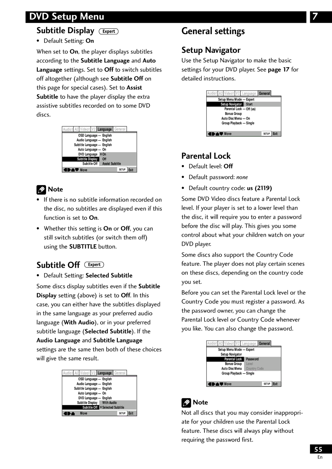 Pioneer DV-S733A operating instructions General settings, Subtitle Display, Subtitle Off, Setup Navigator, Parental Lock 