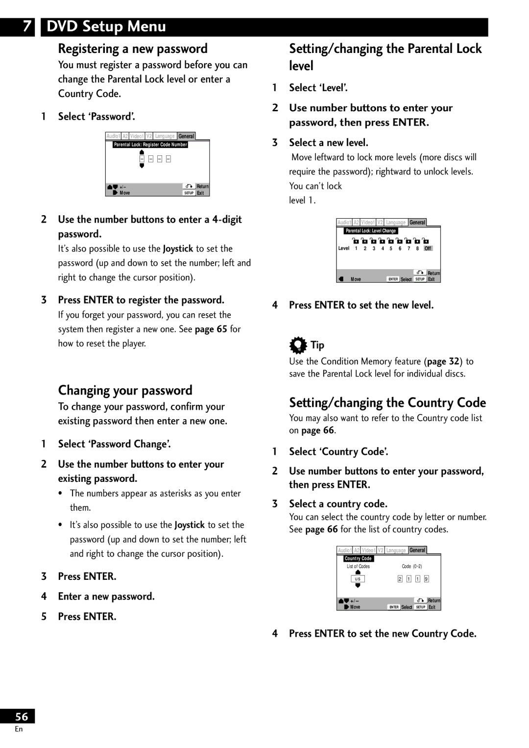 Pioneer DV-S733A Registering a new password, Changing your password, Setting/changing the Parental Lock level 