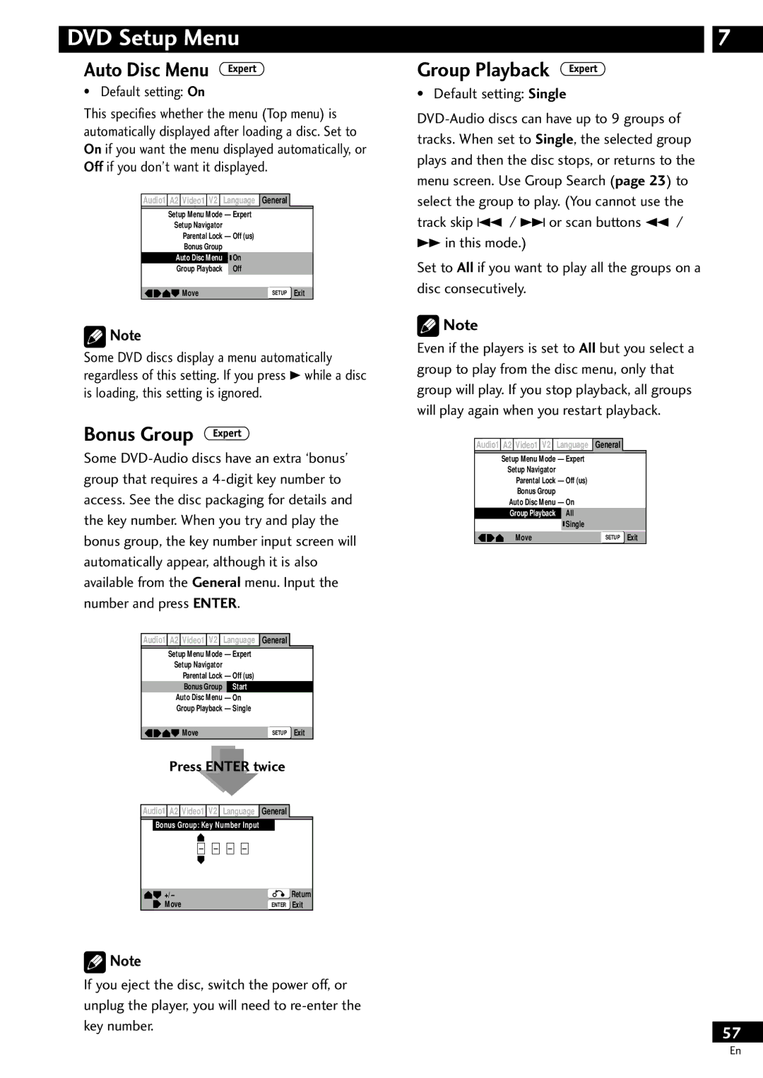 Pioneer DV-S733A Auto Disc Menu, Bonus Group, Group Playback, Press Enter twice, Default setting Single 