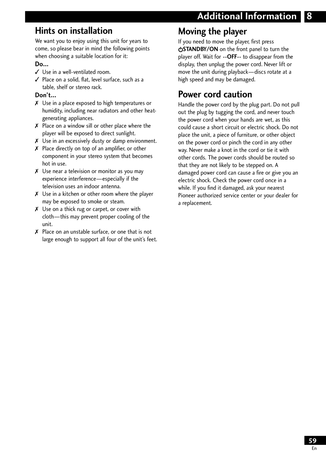 Pioneer DV-S733A operating instructions Hints on installation, Moving the player, Power cord caution, Don’t 
