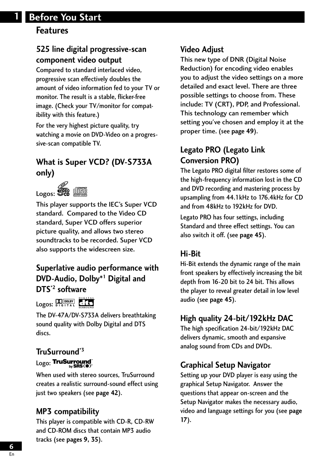 Pioneer operating instructions What is Super VCD? DV-S733A only, TruSurround*3, MP3 compatibility, Video Adjust, Hi-Bit 