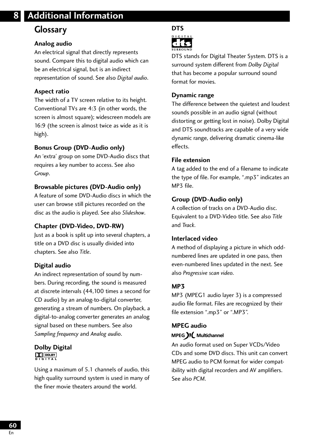 Pioneer DV-S733A operating instructions Glossary 